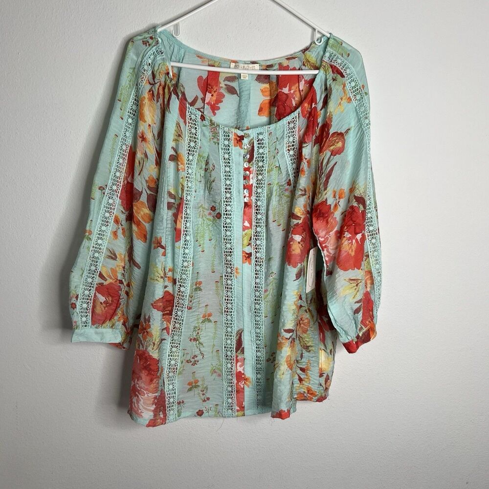 Fig Flower Women’s Floral Blouse Crochet Boho Long Sleeve Plus SZ 2X